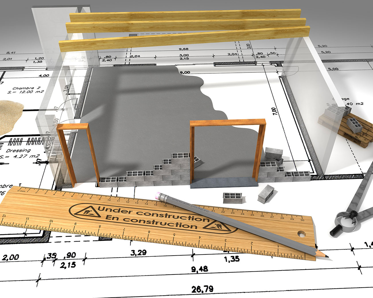 Plan van een huis in aanbouw. Op het plan liggen een meetlat, een potlood en een passer. Daarnaast zijn een raam, een deur en een aantal draagbalken zichtbaar.